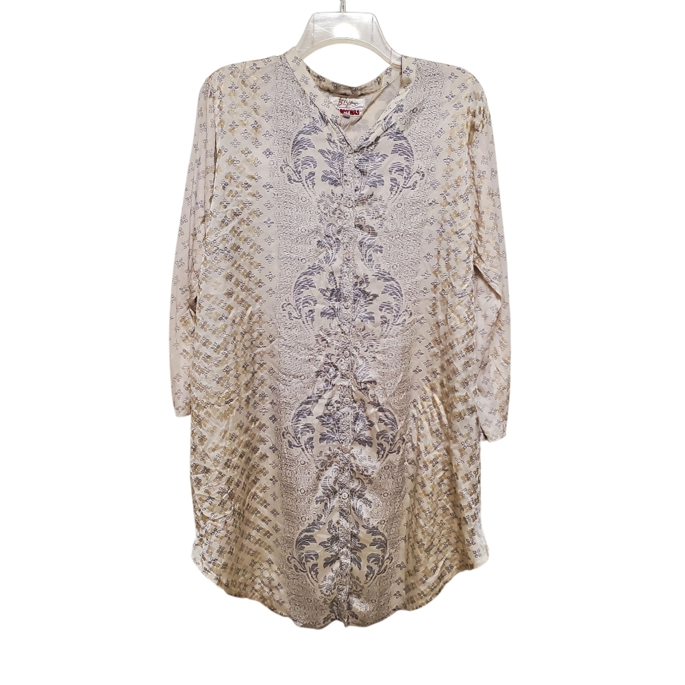 Johnny Was Silk High Low Top Biyas Button Down Geo Boho Print Metallic Gold Lg
